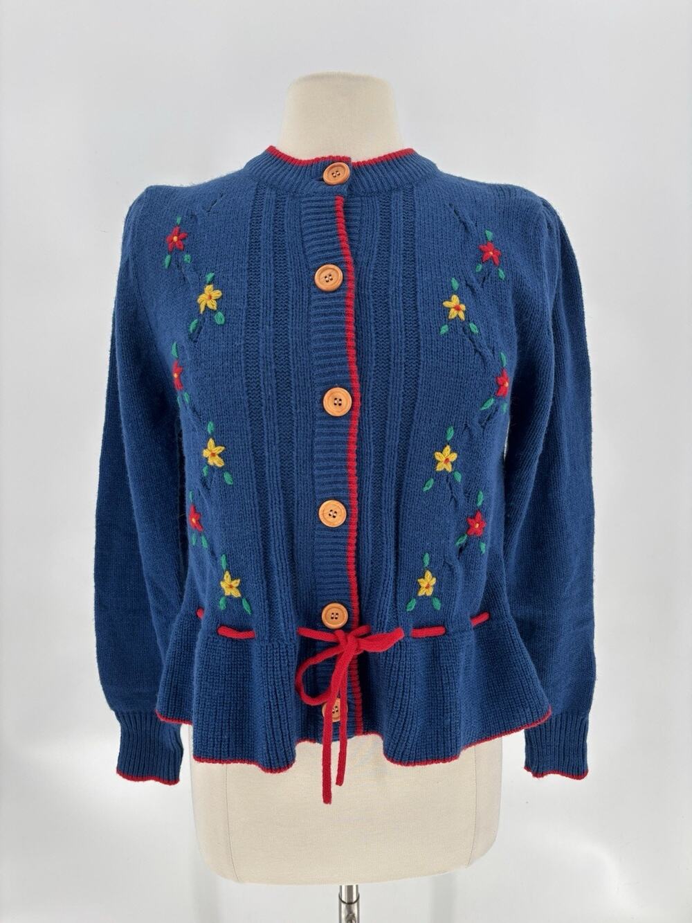 Vintage Cardigan Sweater Womens Medium Blue Peplum Knit Floral 70s 80s Button